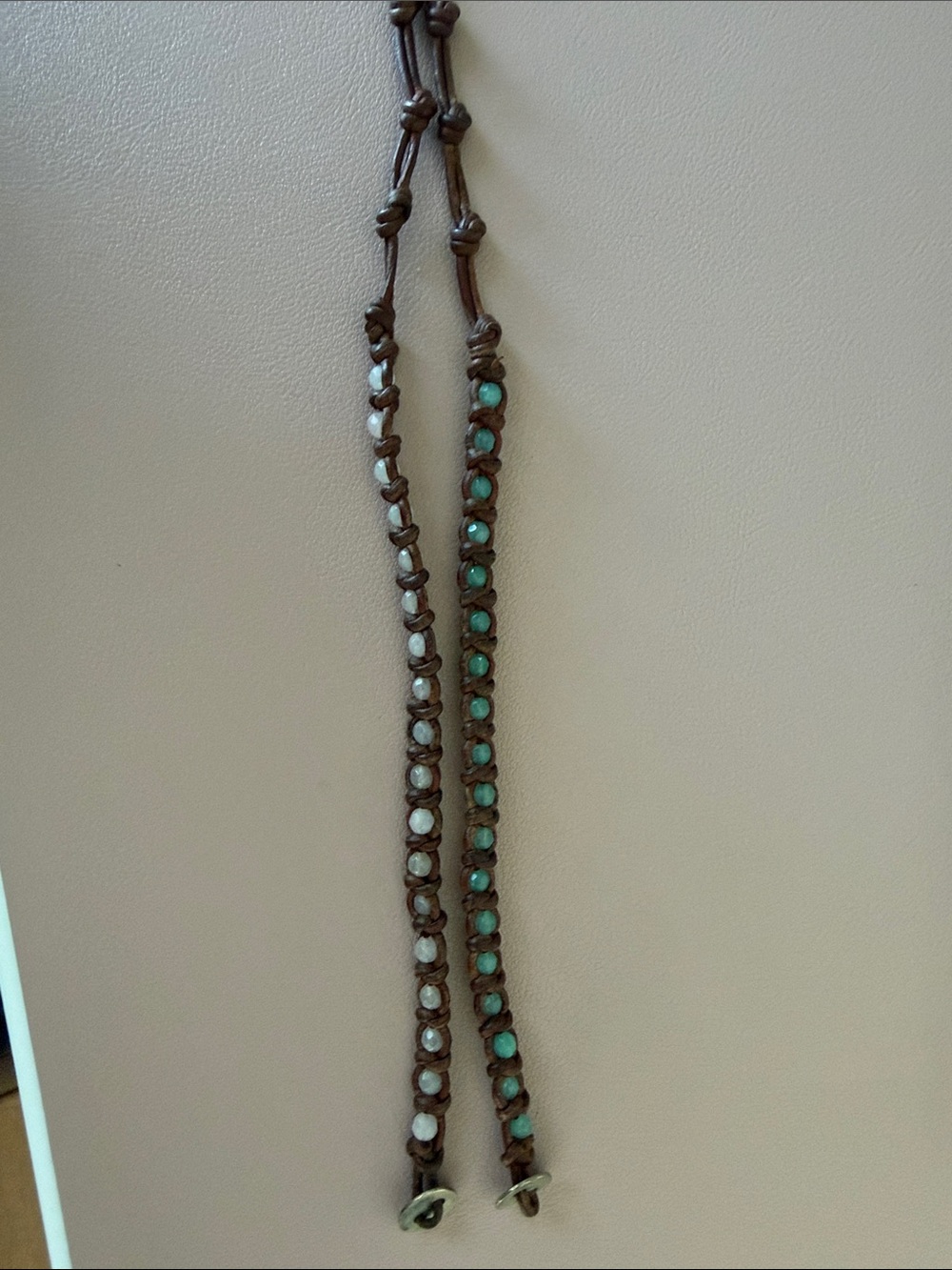 Chan Luu Brown Leather Bracelet Pair with Green and Light Pink Beads - Picture 1 of 5